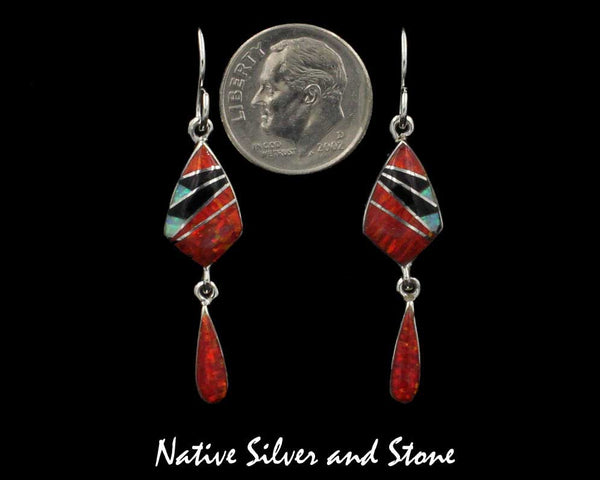 Z Sheryl Martinez - Navajo<br>1-1/4" Earrings Multi-Inlay<br>Squat Diamond with Teardrop Dangle<br>Red Opal, White Opal, Onyx,<br>Hook<br>Feathercut<br>Sterling Silver