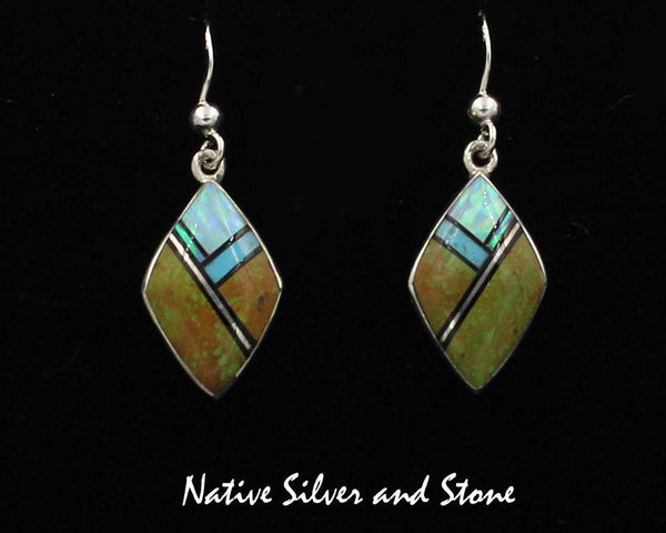 Z Cathy Webster - Navajo Jewelry<br>Earrings - French Wire<br>Turquoise X2, Onyx, and Opal<br>Sterling Silver Multi-Inlay<br>Rounded Diamond Shape