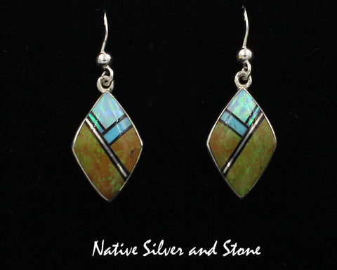 Z Cathy Webster - Navajo Jewelry<br>Earrings - French Wire<br>Turquoise X2, Onyx, and Opal<br>Sterling Silver Multi-Inlay<br>Rounded Diamond Shape