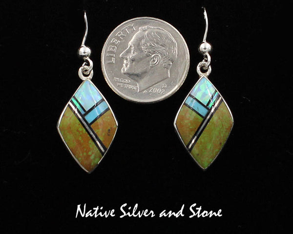 Z Cathy Webster - Navajo Jewelry<br>Earrings - French Wire<br>Turquoise X2, Onyx, and Opal<br>Sterling Silver Multi-Inlay<br>Rounded Diamond Shape