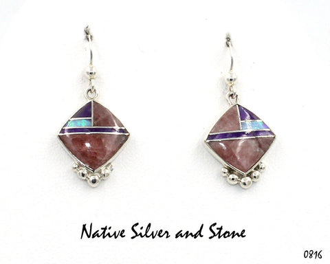 Z Cathy Webster - Navajo<br>3/4" Earrings<br>Rhodochrosite, Sugilite,<br> & Imitation Opal<br>Multi-Inlay<br>Medium Square-on-End<br>Hook<br>Silver Bead Bottom Accent