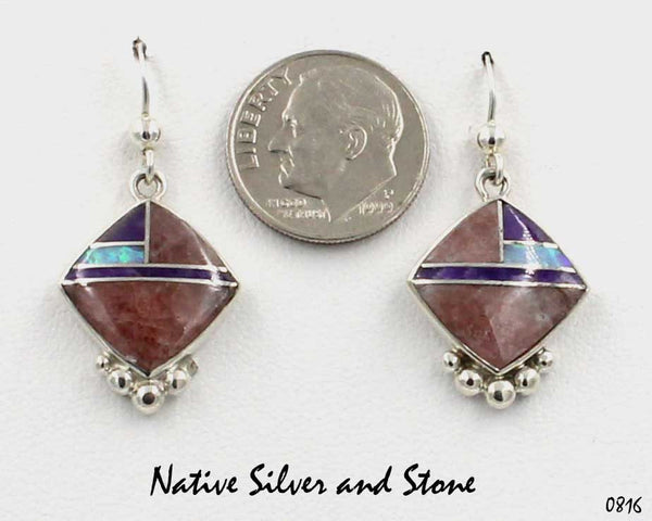 Z Cathy Webster - Navajo<br>3/4" Earrings<br>Rhodochrosite, Sugilite,<br> & Imitation Opal<br>Multi-Inlay<br>Medium Square-on-End<br>Hook<br>Silver Bead Bottom Accent
