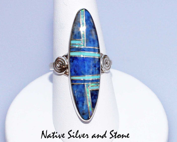 Z Cathy Webster, Navajo<br>Ring<br>Multi-Inlay Long Oval<br>Denim Lapis, Sleeping Beauty Turquoise, Opal<br>Size 8-1/2