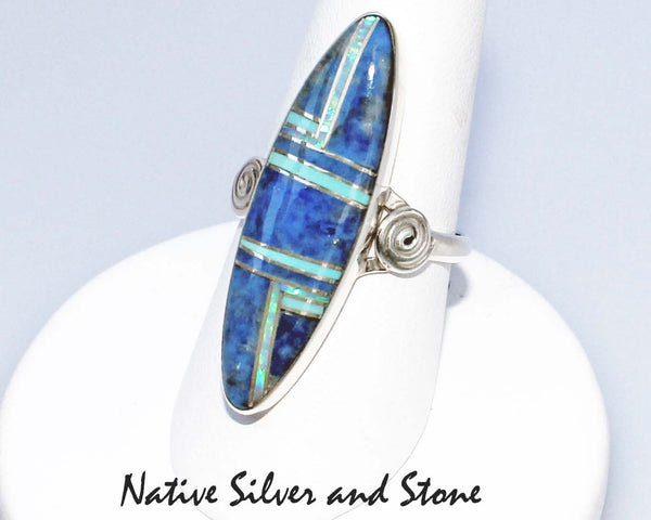 Z Cathy Webster, Navajo<br>Ring<br>Multi-Inlay Long Oval<br>Denim Lapis, Sleeping Beauty Turquoise, Opal<br>Size 8-1/2