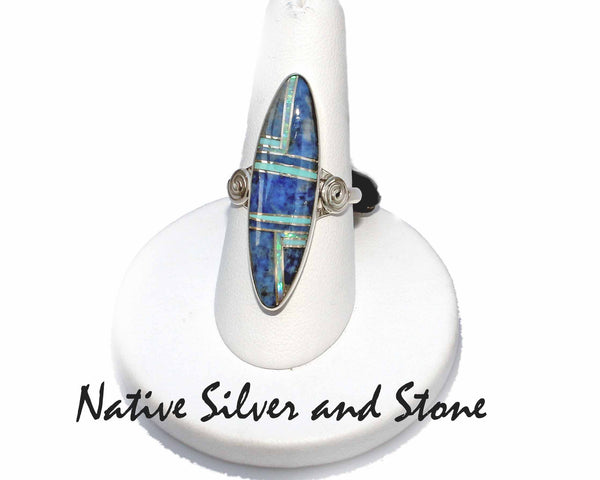Z Cathy Webster, Navajo<br>Ring<br>Multi-Inlay Long Oval<br>Denim Lapis, Sleeping Beauty Turquoise, Opal<br>Size 8-1/2