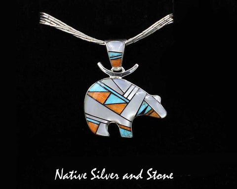 Z Cathy Webster - Navajo Jewelry<br>Pendant Multi-Inlay Bear <br>Mother of Pearl, Turquoise, Orange Spiny , Onyx, Sterling Silver