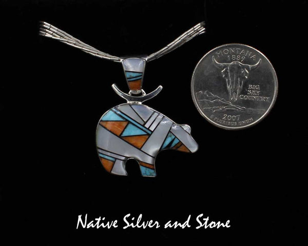Z Cathy Webster - Navajo Jewelry<br>Pendant Multi-Inlay Bear <br>Mother of Pearl, Turquoise, Orange Spiny , Onyx, Sterling Silver