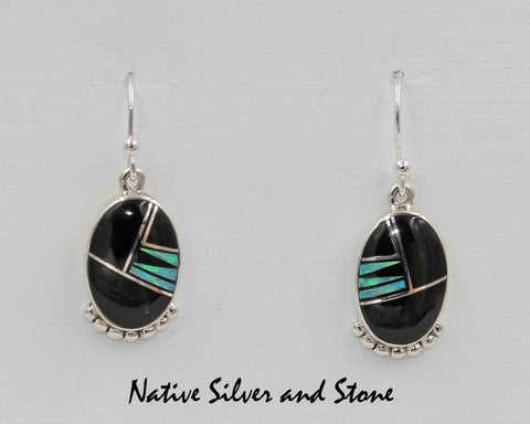 Z Cathy Webster - Navajo<br>5/8" Earrings<br>Feather-cut Oval<br>Black Onyx, Opal,  & <br>Hook<br>Sterling Silver Beaded Bottom Accents