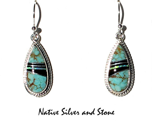 Z Cathy Webster - Navajo Jewelry<br>7/8" Earrings<br>Turquoise, Onyx, & Opal<br>Multi-Inlay Teardrop<br>Twistwire Perimeter<br>Hook<br>Styerling Silver