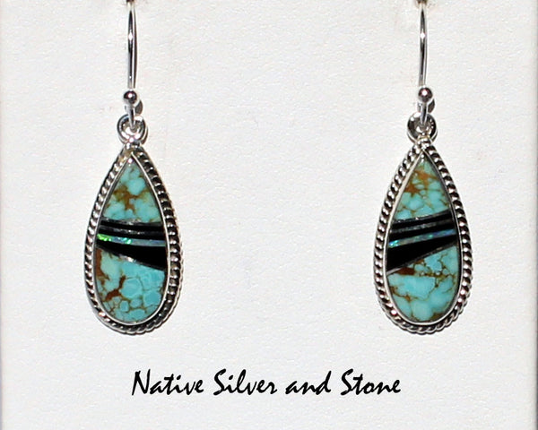 Z Cathy Webster - Navajo Jewelry<br>7/8" Earrings<br>Turquoise, Onyx, & Opal<br>Multi-Inlay Teardrop<br>Twistwire Perimeter<br>Hook<br>Styerling Silver