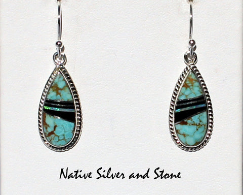 Z Cathy Webster - Navajo Jewelry<br>7/8" Earrings<br>Turquoise, Onyx, & Opal<br>Multi-Inlay Teardrop<br>Twistwire Perimeter<br>Hook<br>Styerling Silver