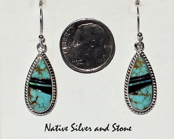 Z Cathy Webster - Navajo Jewelry<br>7/8" Earrings<br>Turquoise, Onyx, & Opal<br>Multi-Inlay Teardrop<br>Twistwire Perimeter<br>Hook<br>Styerling Silver