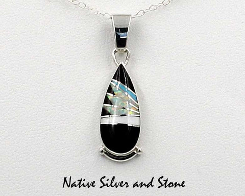 Z Cathy Webster - Navajo Jewelry<br>Handmade Pendant<br>Teardrop Feathercut Design<br>Onyx, Howlite, Opal, Turquoise