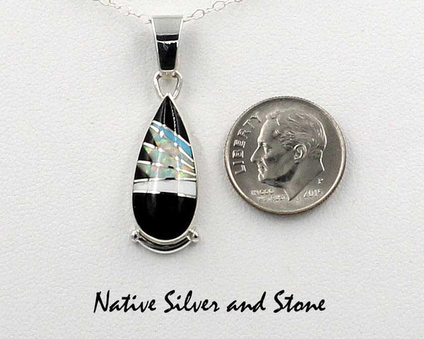 Z Cathy Webster - Navajo Jewelry<br>Handmade Pendant<br>Teardrop Feathercut Design<br>Onyx, Howlite, Opal, Turquoise