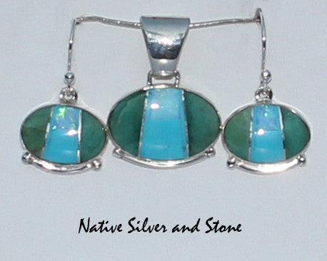 Cathy Webster - Navajo<br>Set - Multi-Inlay Horizontal "Bead" Ovals<br>Pendant & Earrings (French Wire)<br>Lab Turquoise & Opal