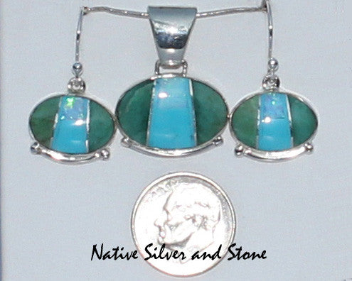 Cathy Webster - Navajo<br>Set - Multi-Inlay Horizontal "Bead" Ovals<br>Pendant & Earrings (French Wire)<br>Lab Turquoise & Opal
