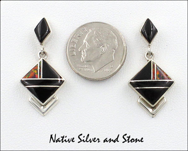 Z Cathy Webster - Navajo Jewelry<br>Earrings - Dangle Post<br>Onyx and Black Cherry<br>Imitation Fire Opal<br>Multi-Inlay<br>Medium Square-on-End<br>with Diamond Top<br>Silver Ridge Bottom Accent