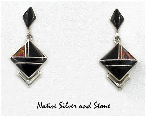 Z Cathy Webster - Navajo Jewelry<br>Earrings - Dangle Post<br>Onyx and Black Cherry<br>Imitation Fire Opal<br>Multi-Inlay<br>Medium Square-on-End<br>with Diamond Top<br>Silver Ridge Bottom Accent