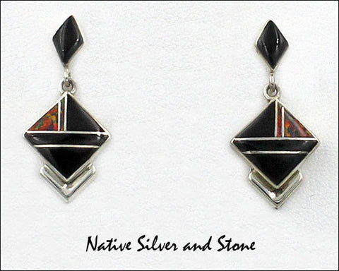 Z Cathy Webster - Navajo Jewelry<br>Earrings - Dangle Post<br>Onyx and Black Cherry<br>Imitation Fire Opal<br>Multi-Inlay<br>Medium Square-on-End<br>with Diamond Top<br>Silver Ridge Bottom Accent