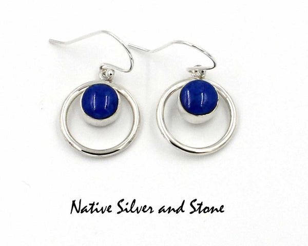 Z Cathy Webster - Navajo Jewelry<br>Earrings - Hook<br>Lapis Lazuli<br>in Circle of Sterling Silver