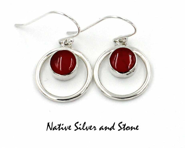 Cathy Webster, Navajo <br>5/8" Earrings <br>Coral<br>in Circle of Sterling Silver