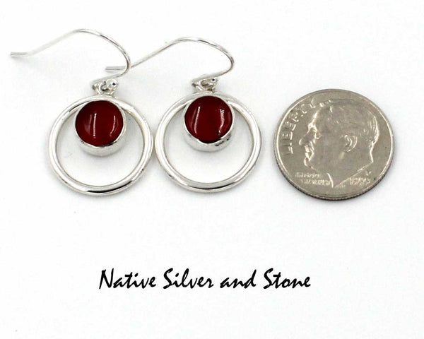 Cathy Webster, Navajo <br>5/8" Earrings <br>Coral<br>in Circle of Sterling Silver