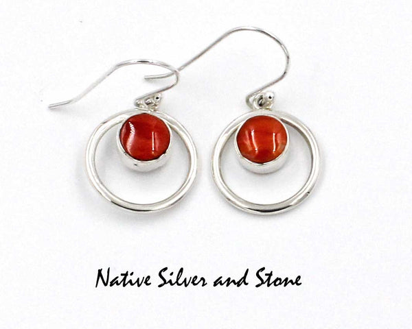 Z Cathy Webster - Navajo Jewelry<br>Earrings - Hook<br>Orange Spiny Oyster<br>in Circle of Sterling Silver
