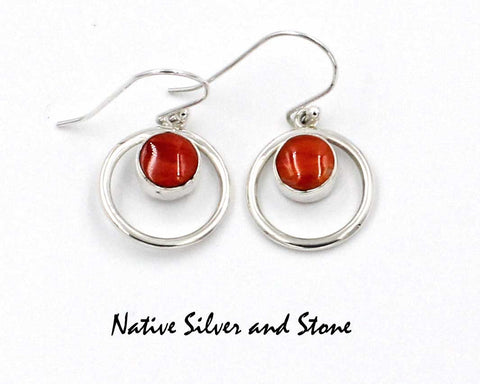 Z Cathy Webster - Navajo Jewelry<br>Earrings - Hook<br>Orange Spiny Oyster<br>in Circle of Sterling Silver