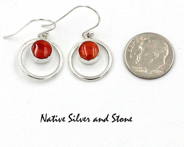 Z Cathy Webster - Navajo Jewelry<br>Earrings - Hook<br>Orange Spiny Oyster<br>in Circle of Sterling Silver