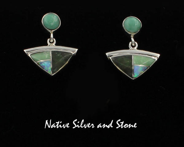 Z Cathy Webster - Navajo<br>3/4" Earrings - Dangle Post<br>Variscite-Two Shades<br>& Imitation Opal<br>Small Triangle - Dot Top<br>Silver Ridge Accent<br>Sterling Silver