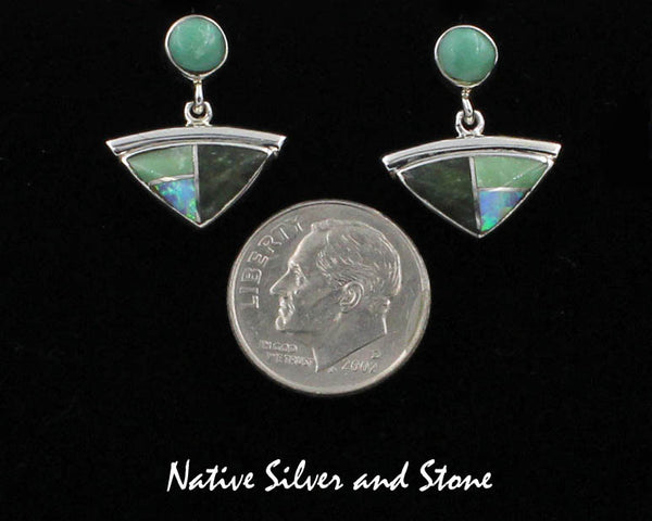 Z Cathy Webster - Navajo<br>3/4" Earrings - Dangle Post<br>Variscite-Two Shades<br>& Imitation Opal<br>Small Triangle - Dot Top<br>Silver Ridge Accent<br>Sterling Silver