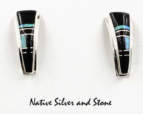 Cathy Webster - Navajo<br>5/8" Earrings<br>Reverse Curved Trapezoid<br>Onyx & Opal<br>Post<br>Multi-Inlay