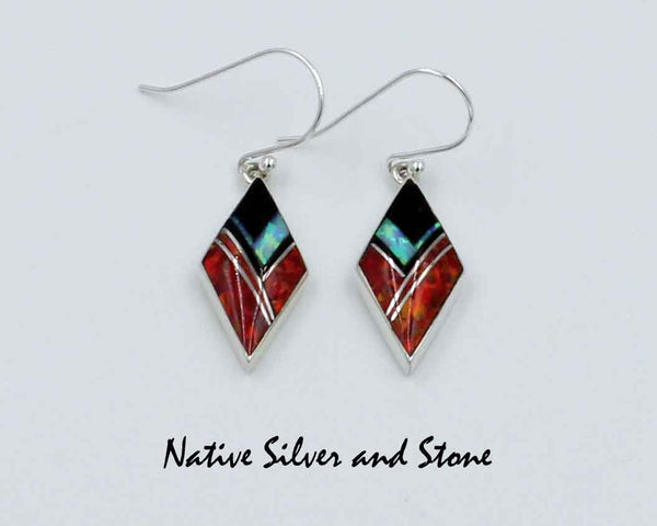 Z Cathy Webster - Navajo Jewelry<br>Earrings - French Wire<br>Onyx & 2 Types Opal<br>Multi-Inlay<br>Small Diamond Shape
