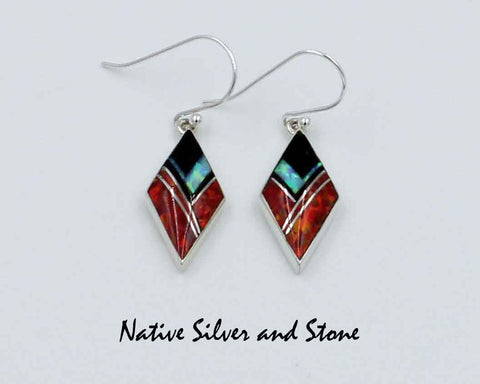 Z Cathy Webster - Navajo Jewelry<br>Earrings - French Wire<br>Onyx & 2 Types Opal<br>Multi-Inlay<br>Small Diamond Shape