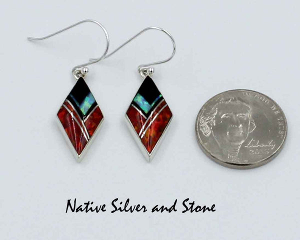 Z Cathy Webster - Navajo Jewelry<br>Earrings - French Wire<br>Onyx & 2 Types Opal<br>Multi-Inlay<br>Small Diamond Shape