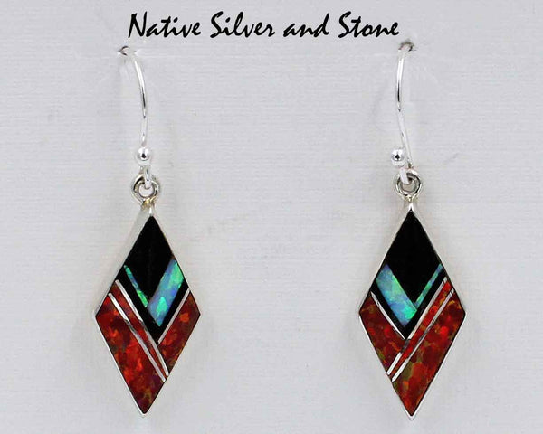 Z Cathy Webster - Navajo Jewelry<br>Earrings - French Wire<br>Onyx & 2 Types Opal<br>Multi-Inlay<br>Small Diamond Shape