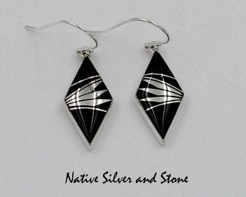 Z Cathy Webster - Navajo Jewelry<br>Earrings - Hook<br>Onyx & Sterling Silver Feathercut<br>Multi-Inlay<br>Small Diamond Shape