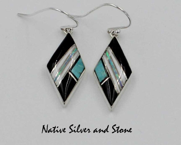 Z Cathy Webster - Navajo Jewelry<br>Earrings - Hook<br>Onyx, Kingman Turquoise, Onyx,<br>and<br>Magnesite & Opal<br>Sterling Silver Multi-Inlay<br>Small Diamond Shape