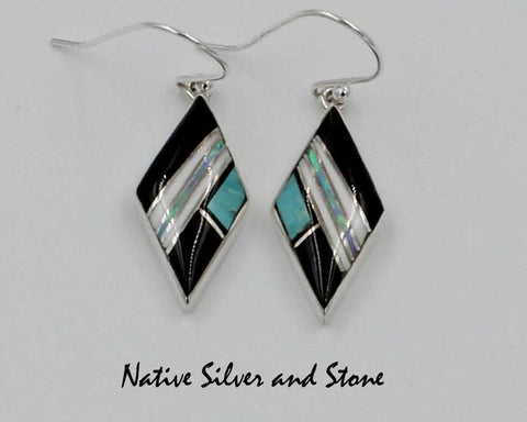 Z Cathy Webster - Navajo Jewelry<br>Earrings - Hook<br>Onyx, Kingman Turquoise, Onyx,<br>and<br>Magnesite & Opal<br>Sterling Silver Multi-Inlay<br>Small Diamond Shape