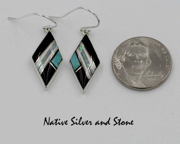 Z Cathy Webster - Navajo Jewelry<br>Earrings - Hook<br>Onyx, Kingman Turquoise, Onyx,<br>and<br>Magnesite & Opal<br>Sterling Silver Multi-Inlay<br>Small Diamond Shape
