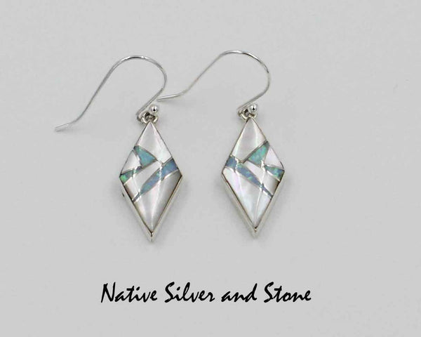 Z Cathy Webster - Navajo Jewelry<br>Earrings - French Wire<br>White Mother of Pearl & Opal<br>Multi-Inlay<br>Small Diamond Shape