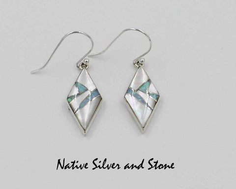 Z Cathy Webster - Navajo Jewelry<br>Earrings - French Wire<br>White Mother of Pearl & Opal<br>Multi-Inlay<br>Small Diamond Shape