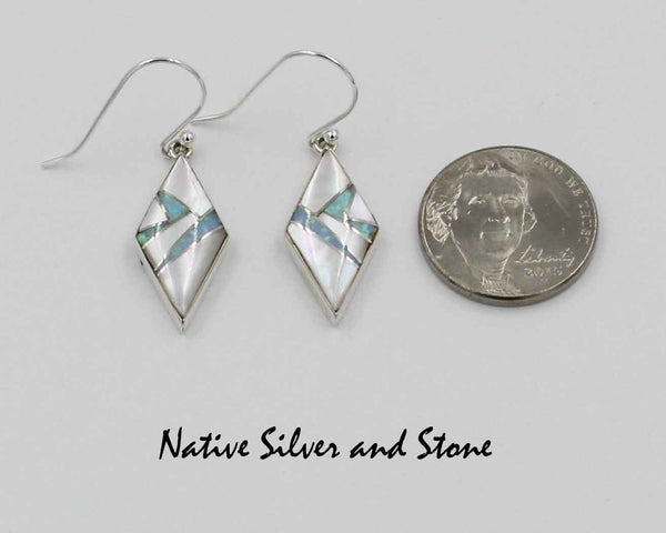 Z Cathy Webster - Navajo Jewelry<br>Earrings - French Wire<br>White Mother of Pearl & Opal<br>Multi-Inlay<br>Small Diamond Shape