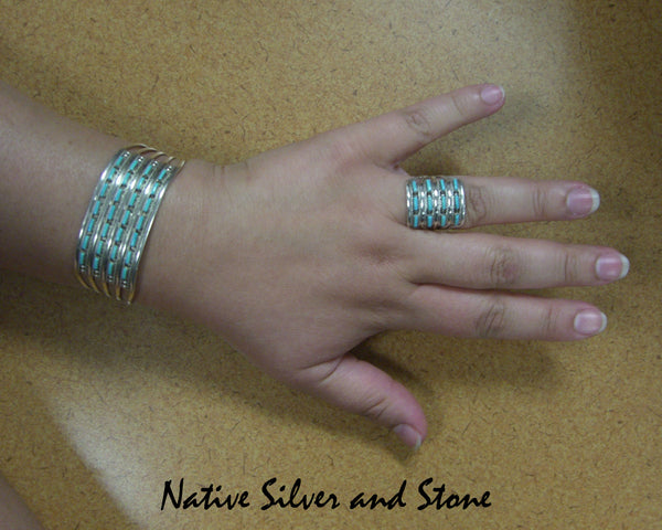 Z Cecil & Connie Hattie Johnson - Zuni<br>9/16" Bracelet - Cuff<br> 2 Rows of 7 Needlepoint Turquoise<br>Sterling Silver<br>Size 6-3/8 (Medium)