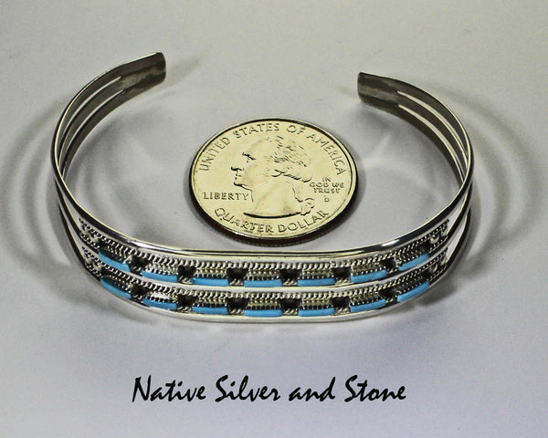 Z Cecil & Connie Hattie Johnson - Zuni<br>9/16" Bracelet - Cuff<br> 2 Rows of 7 Needlepoint Turquoise<br>Sterling Silver<br>Size 6-3/8 (Medium)