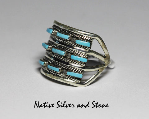 Z Cecil & Connie Hattie Johnson<br>Zuni Jewelry<br>Ring - 3 Row Needlepoint<Br>9 Sleeping Beauty Turquoise Inlay