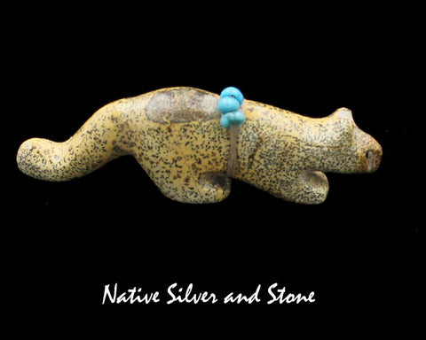 Z Mountain Lion<br>Zuni Fetish Carving<br>Cheryl Beyuka<br>Serpentine w Turquoise Bead Accents