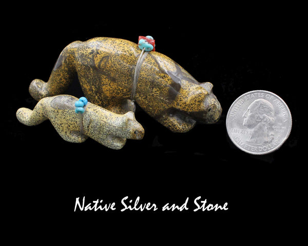 Z Mountain Lion<br>Zuni Fetish Carving<br>Cheryl Beyuka<br>Serpentine w Turquoise Bead Accents