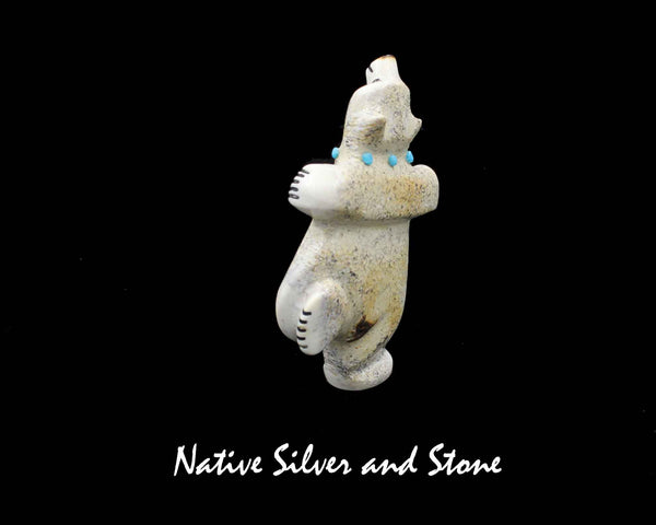 Z Bear-Dancing on Right Leg<br>Zuni Fetish Carving<br>Claudia Peina (Kallestewa)<br>Antler with Jet. Turquoise, and Coral
