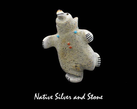 Z Bear-Dancing on Right Leg<br>Zuni Fetish Carving<br>Claudia Peina (Kallestewa)<br>Antler with Jet. Turquoise, and Coral